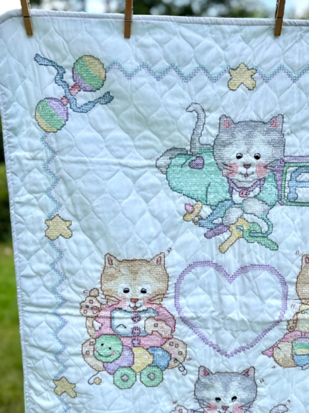 New 1990s Finished Baby Blanket Cross Stitch Kittens Cats Quilted Green Lining